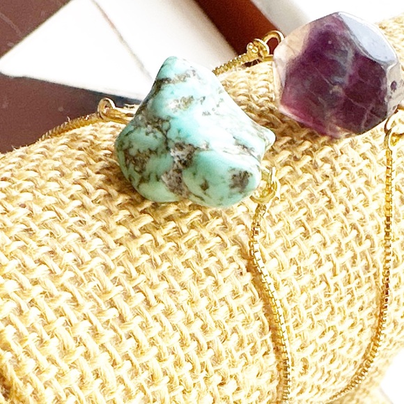 Fluorite /Turquoise gold adjustable chain dainty bracelet/purple fluorite - Picture 3 of 6